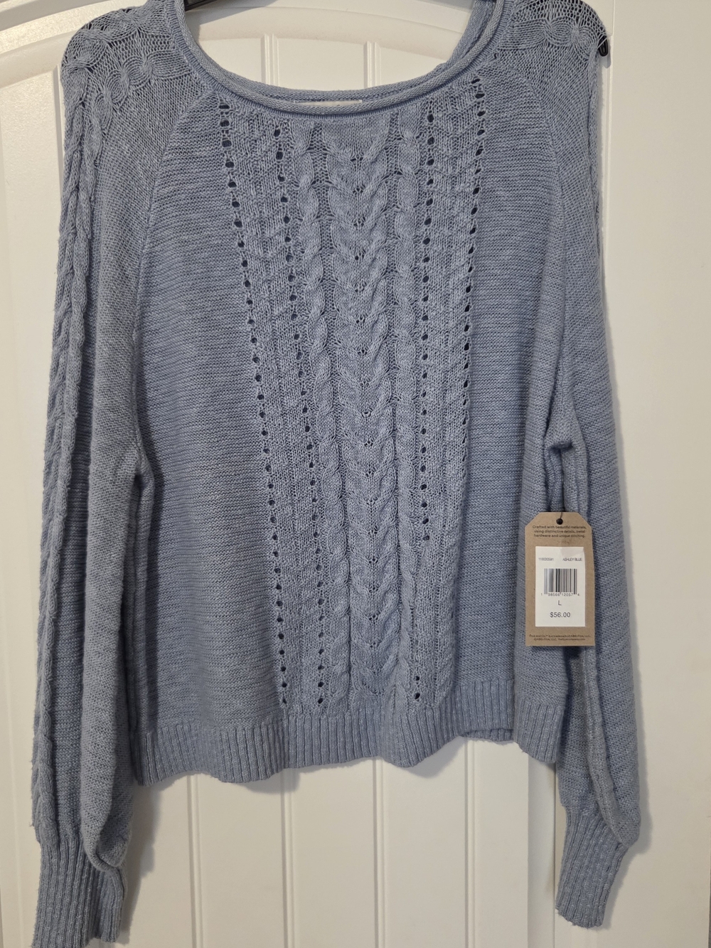 Ashley Blue Light Blue Cable-Stitch Scoop Neck Sweater